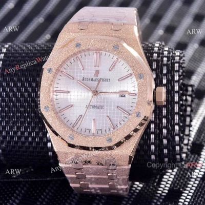 Replica Audemars Piguet Frosted Rose Gold Watch - Silver Dial 41 MM